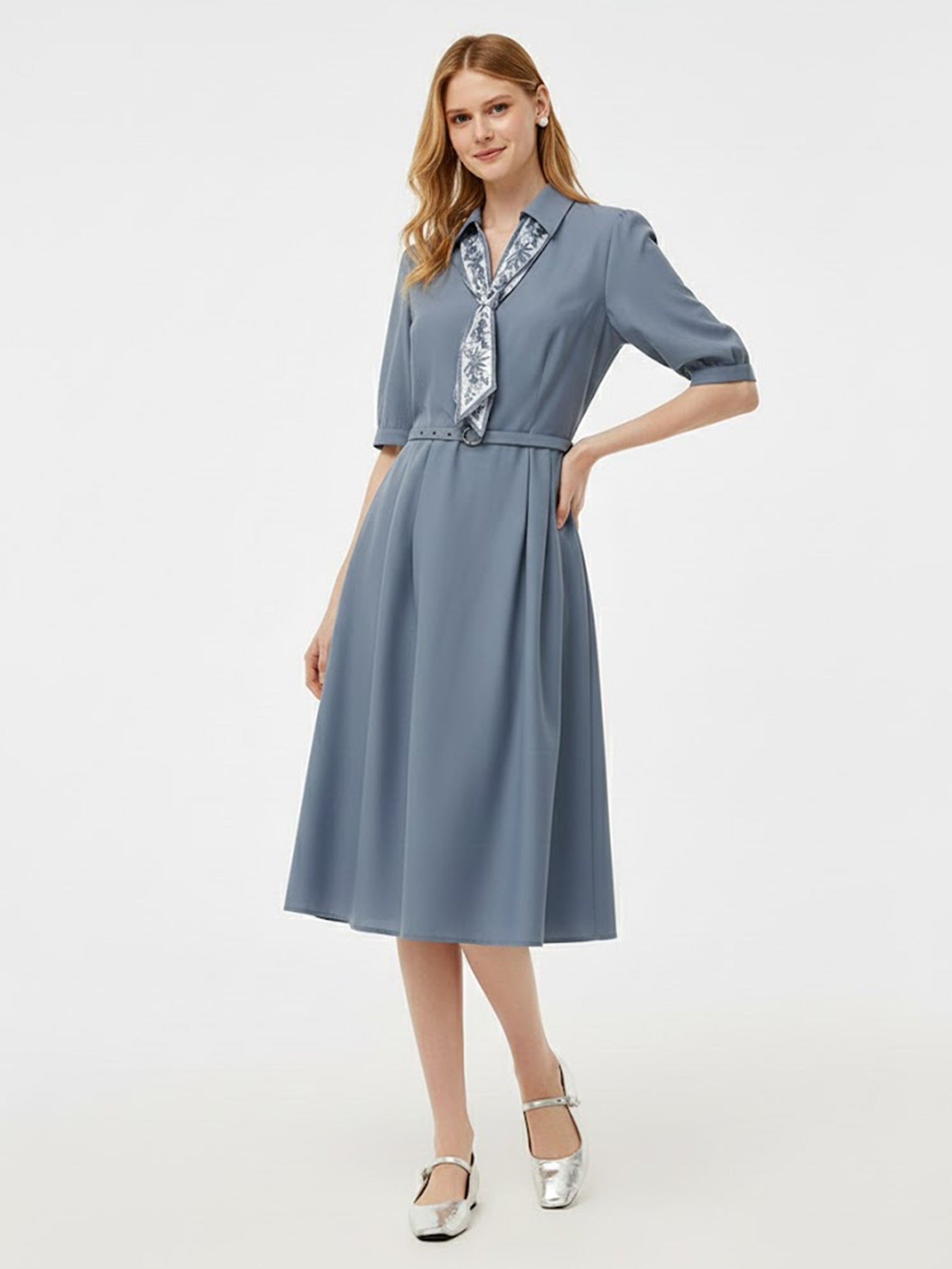 Acetate Tencel Linen Blend Women Maxi Dress With Silk Scarf And Belt GOELIA