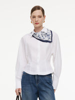 Cotton Blend Gather-Waisted Women Shirt With Silk Scarf GOELIA