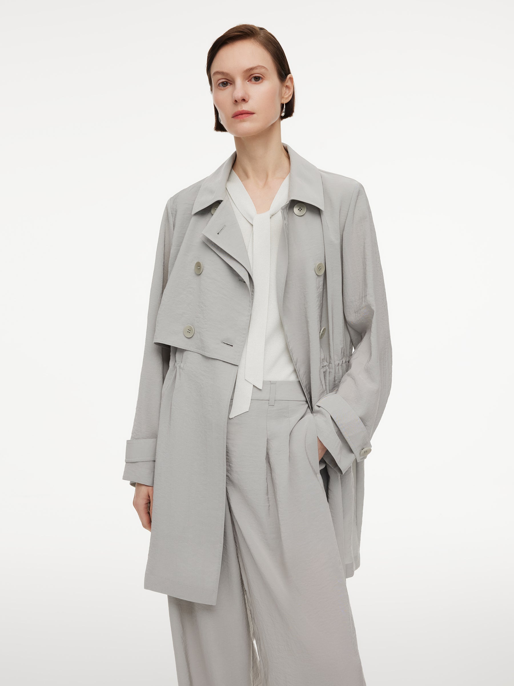 [Preview] Triacetate Blend Drawstring Waist Women Trench Coat GOELIA