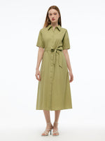 Gathered Waist Stretch Women Maxi Shirt Dress With Belt GOELIA