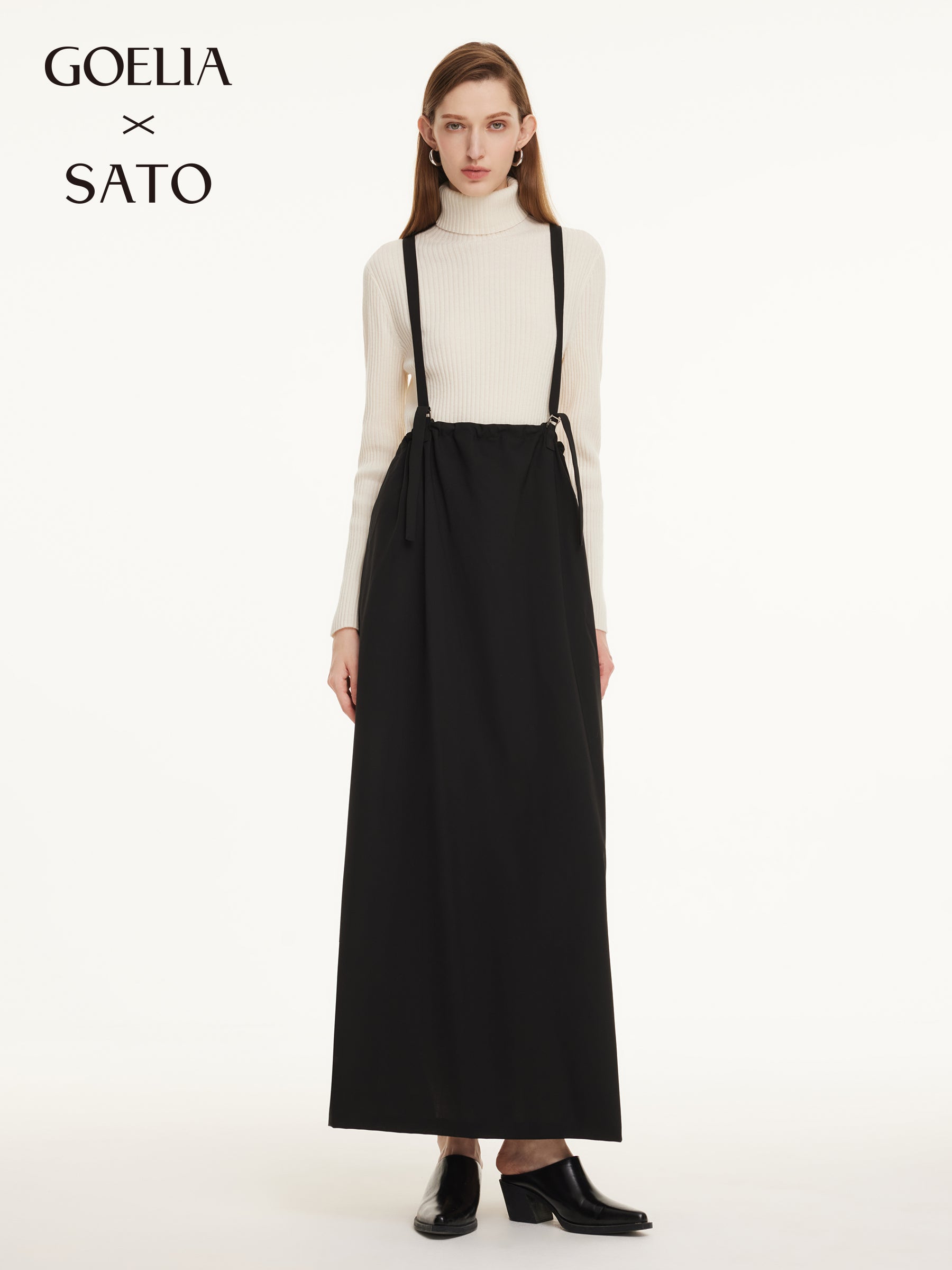 Merino Wool Drawstring Waist Women Pinafore Maxi Dress GOELIA