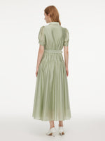 Tencel Blend Puff Sleeve Women Belted Maxi Shirt Dress GOELIA