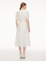 Tencel Blend Ruffle Neck Puff Sleeves Women Belted Maxi Dress GOELIA