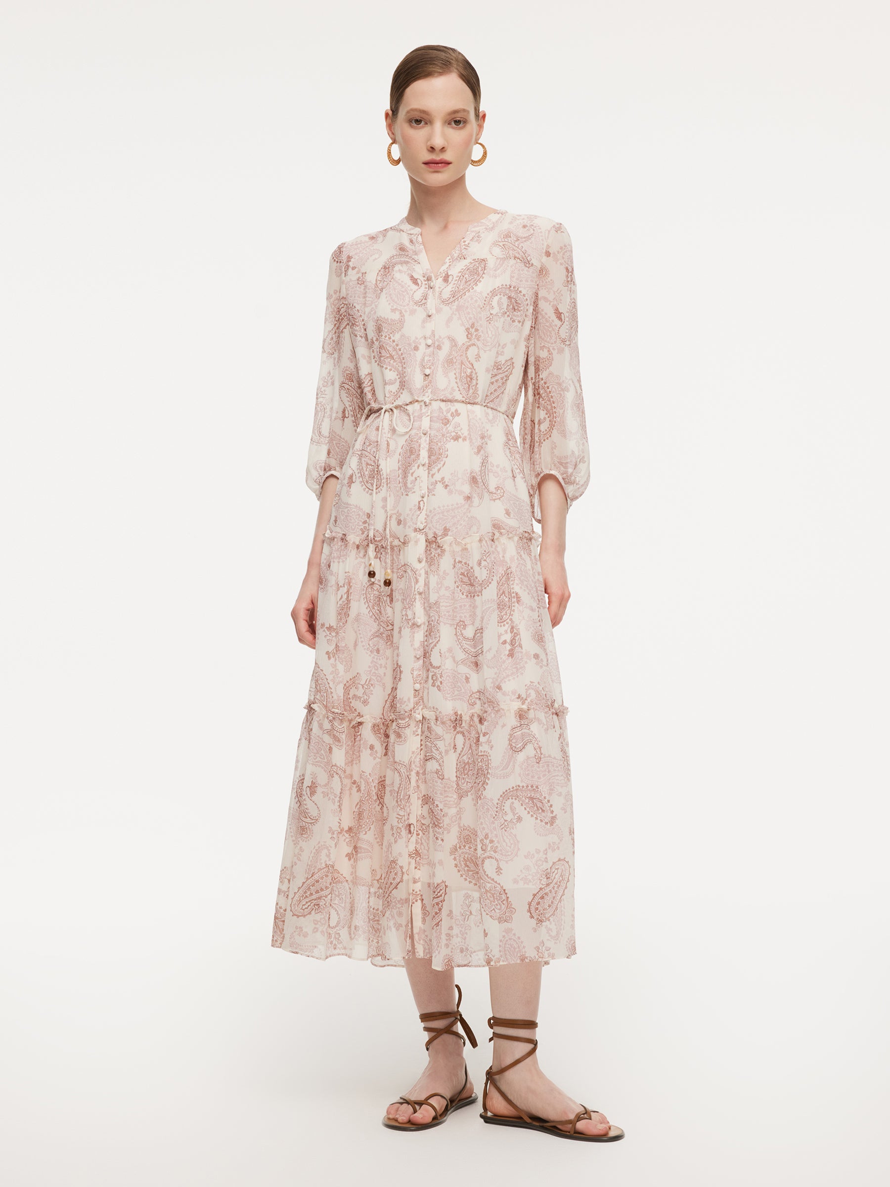 10MM Mulberry Silk Paisley Print Women Maxi Dress With Two Self-Tie Belts GOELIA