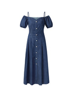 Lyocell Denim Gathered Waist Stretch Women Midi Dress GOELIA