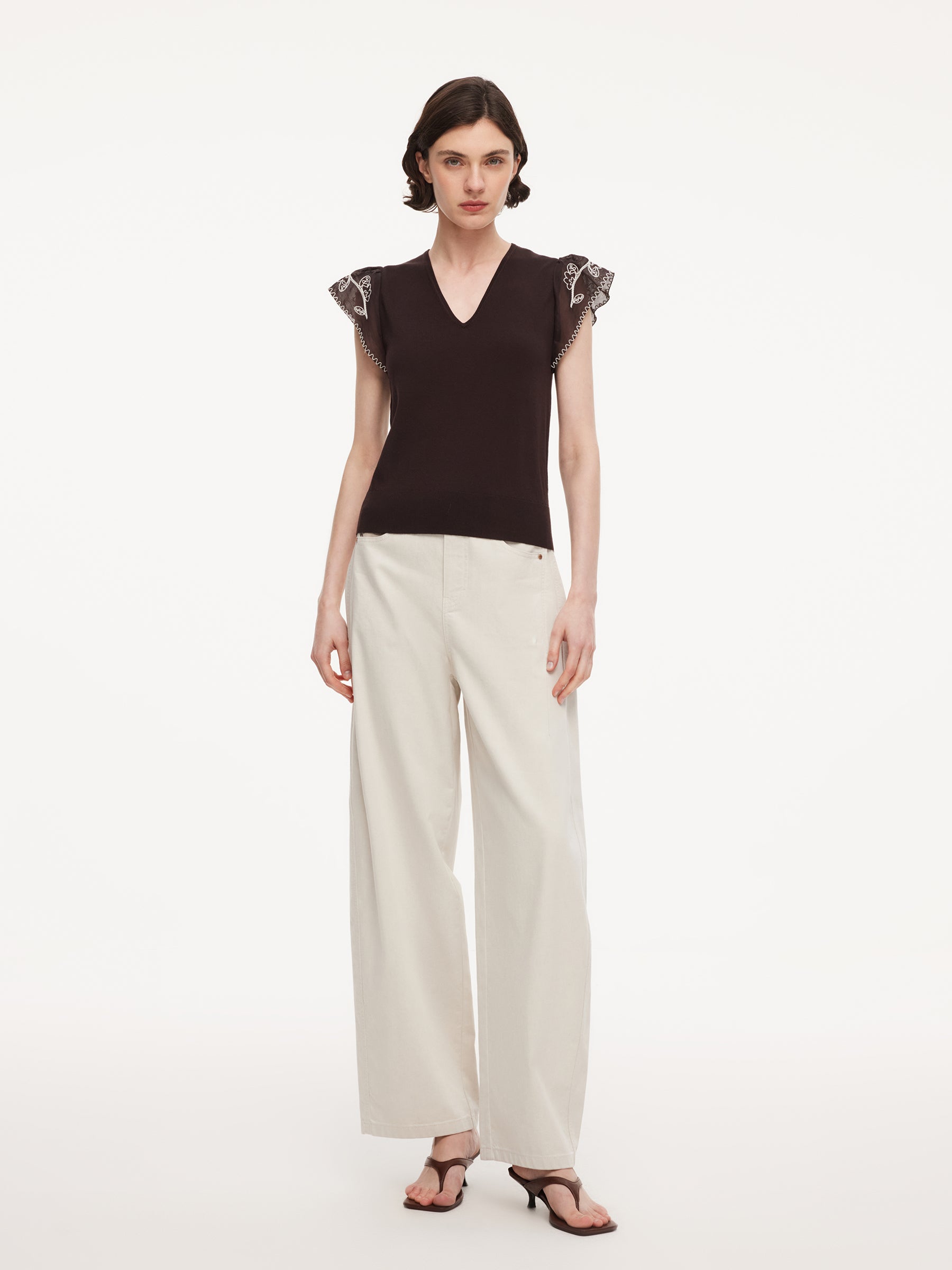 Lyocell Blend V-Neck Women Embroidered Sleeve Knit Top GOELIA