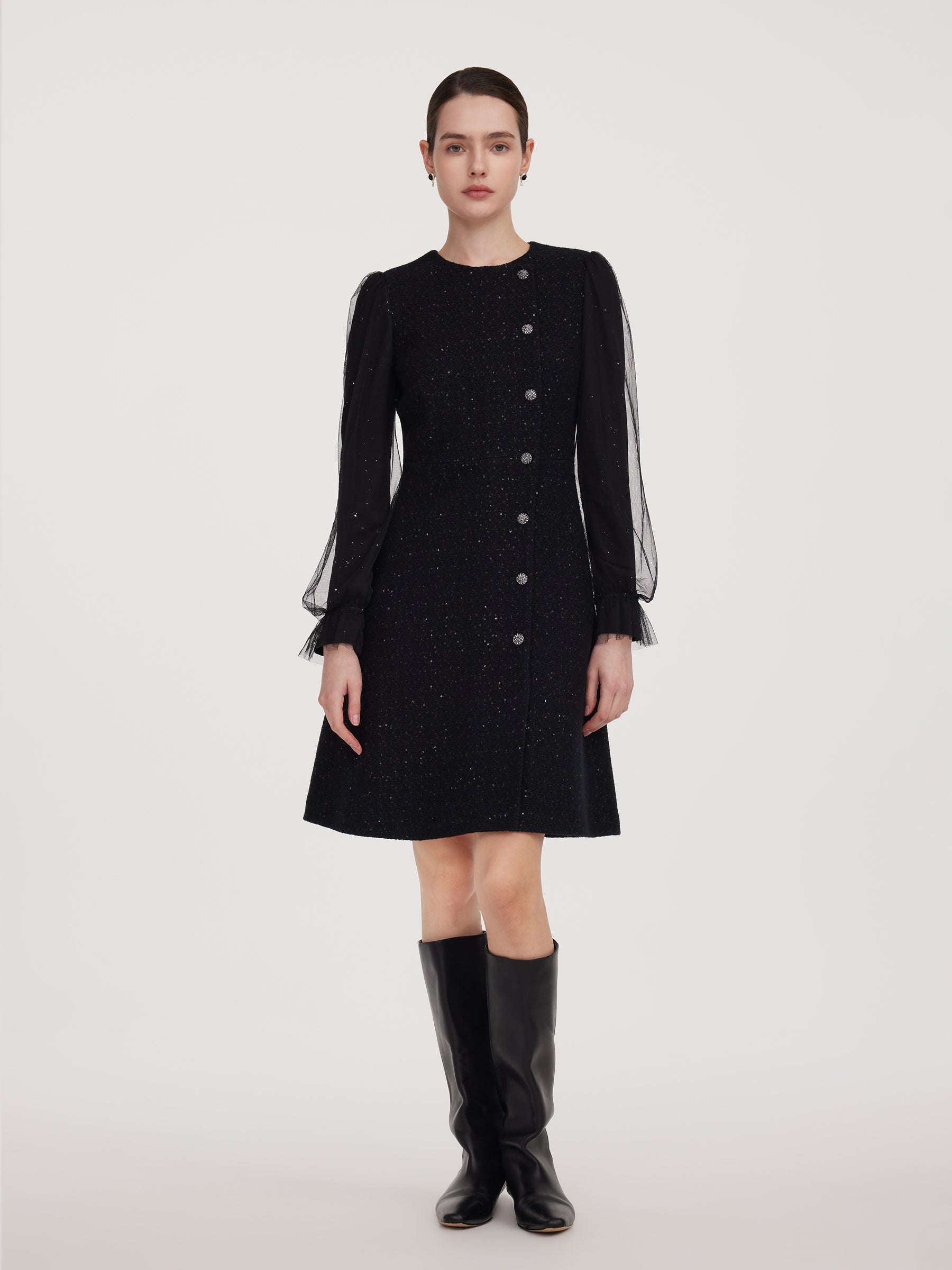 [Preview] Wool Blend Tweed Sequins Women Long Sleeve Mini Dress GOELIA