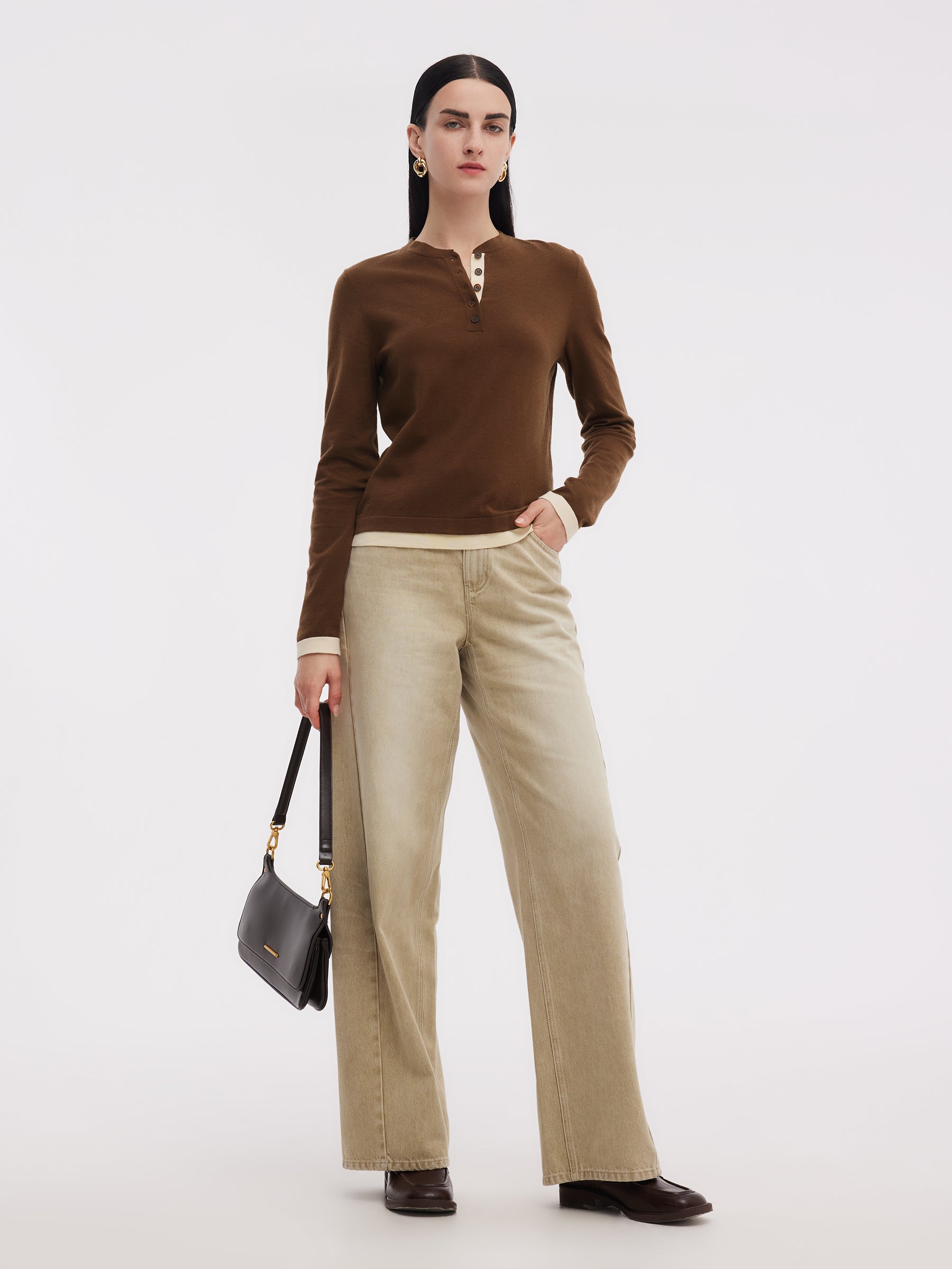 Tencel Wool Blend Color Block Women Mock Layered Knit Top GOELIA