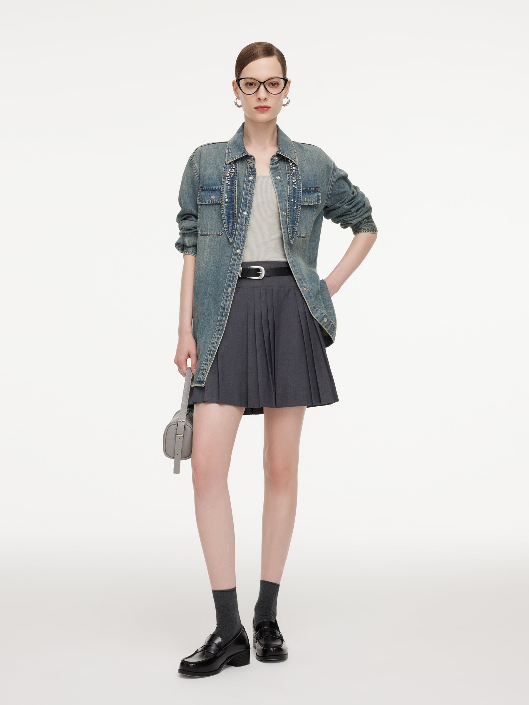 Tencel Cotton Blend Denim Women Shirt With Detachable Rhinestone Ties GOELIA