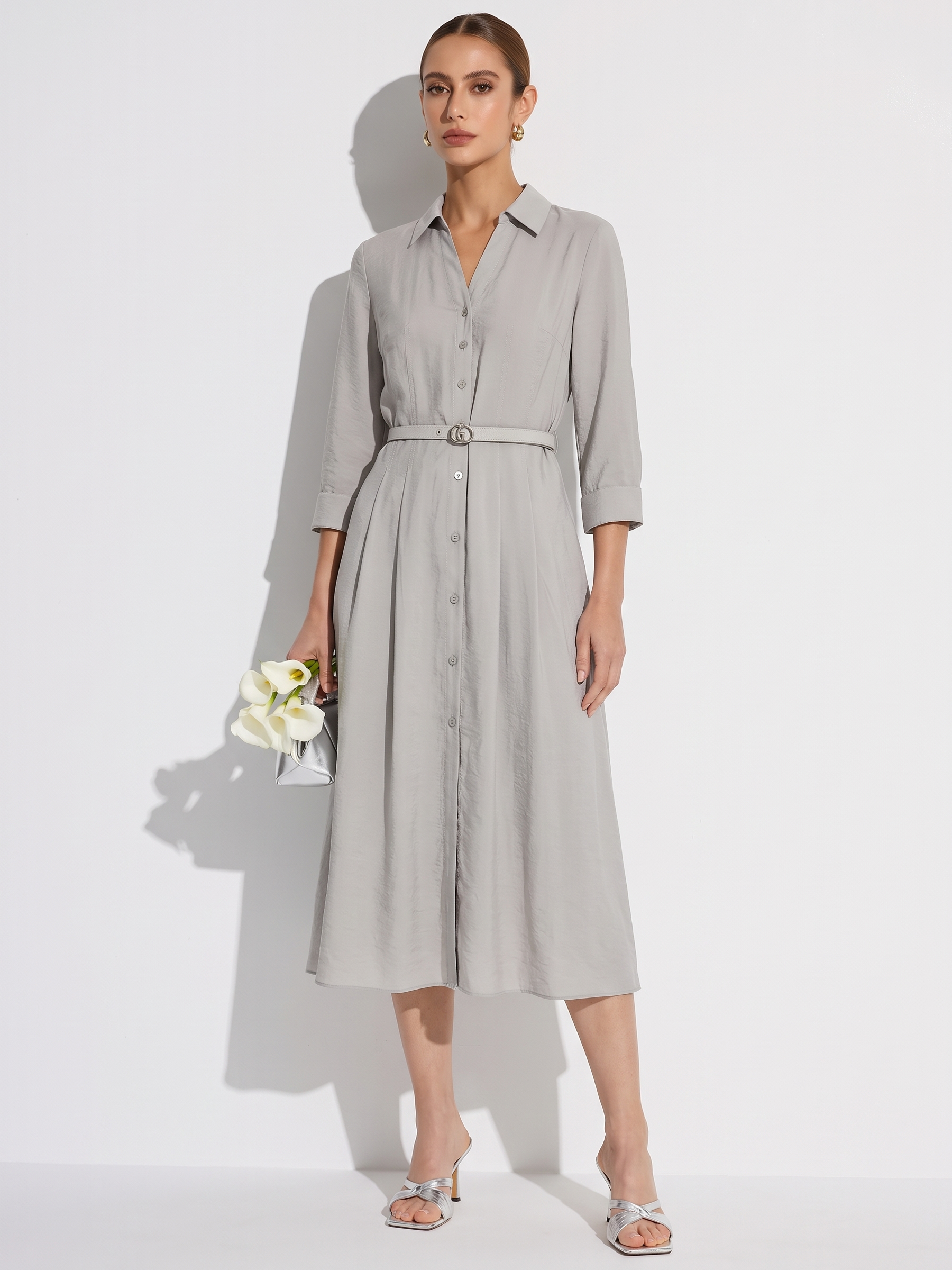 Triacetate Blend Women Belted Maxi Shirt Dress GOELIA