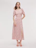 Floral Print Side Slit Women Ruched Sleeve Maxi Dress GOELIA