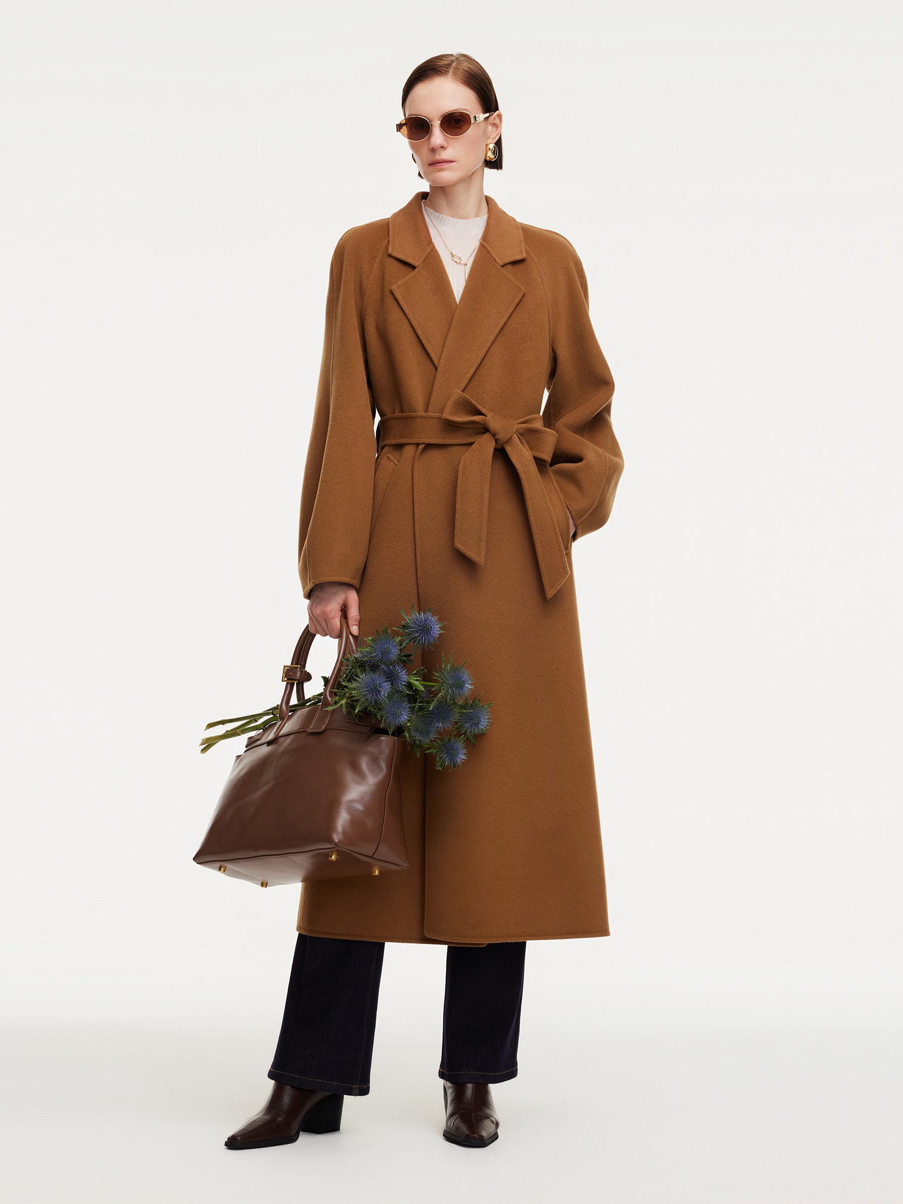 100% Wool Double-Faced Balloon Sleeve Women Belted Overcoat GOELIA
