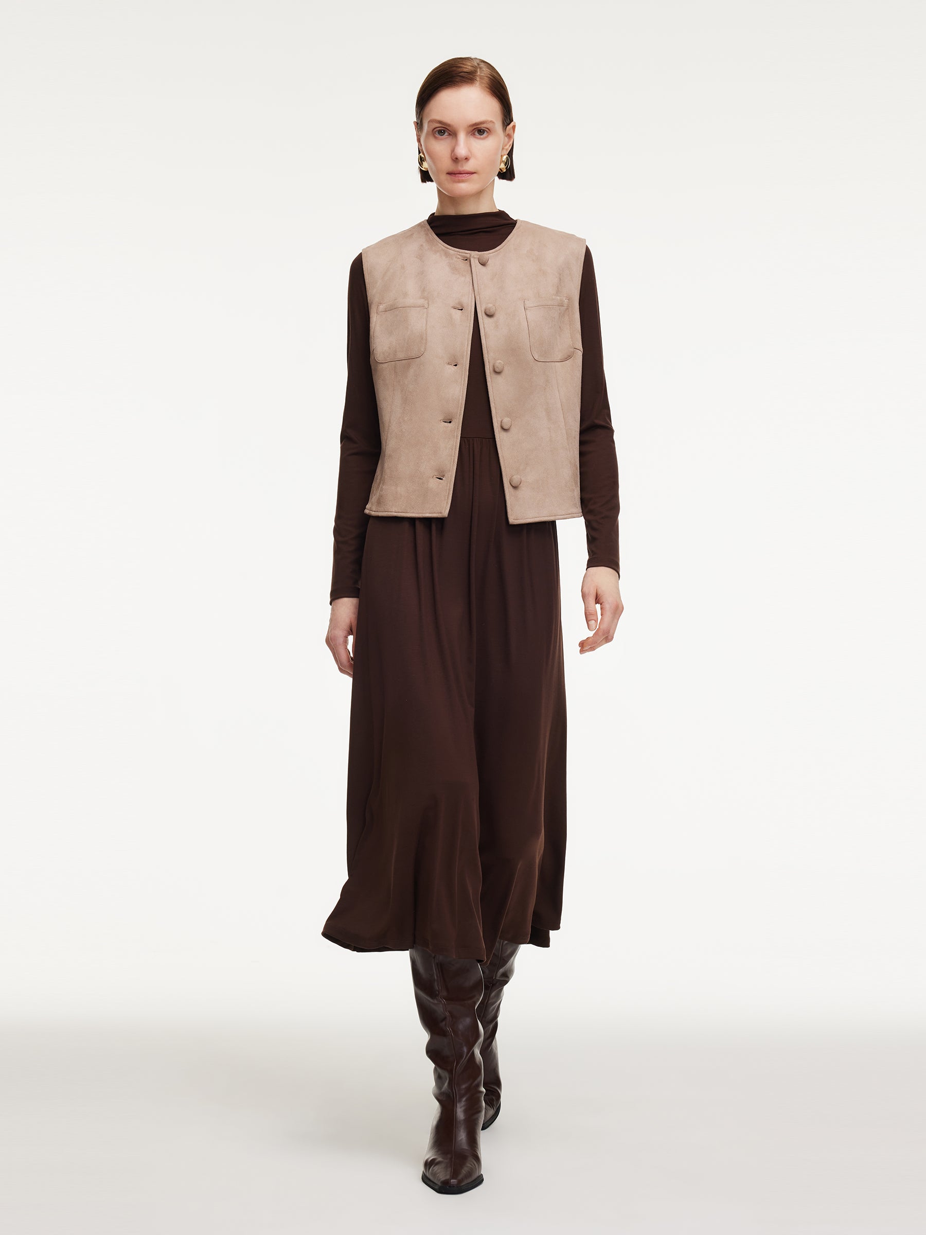 Faux Suede Vest And Knit Dress Two-Piece Set With Belt GOELIA