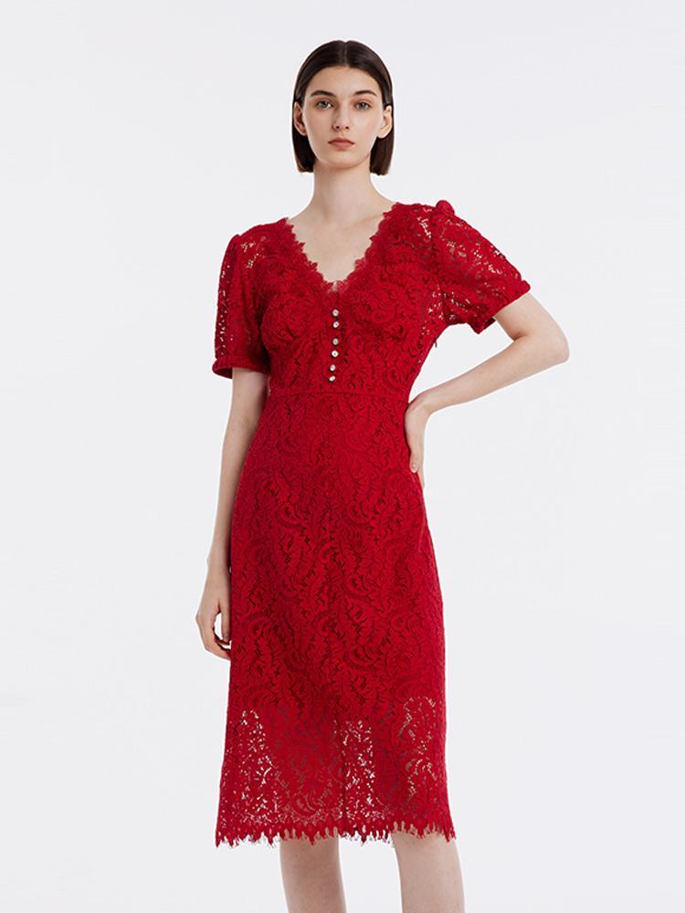 Lace V-Neck Mid Sleeve Dress GOELIA