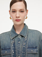 Tencel Cotton Blend Denim Women Shirt With Detachable Rhinestone Ties GOELIA