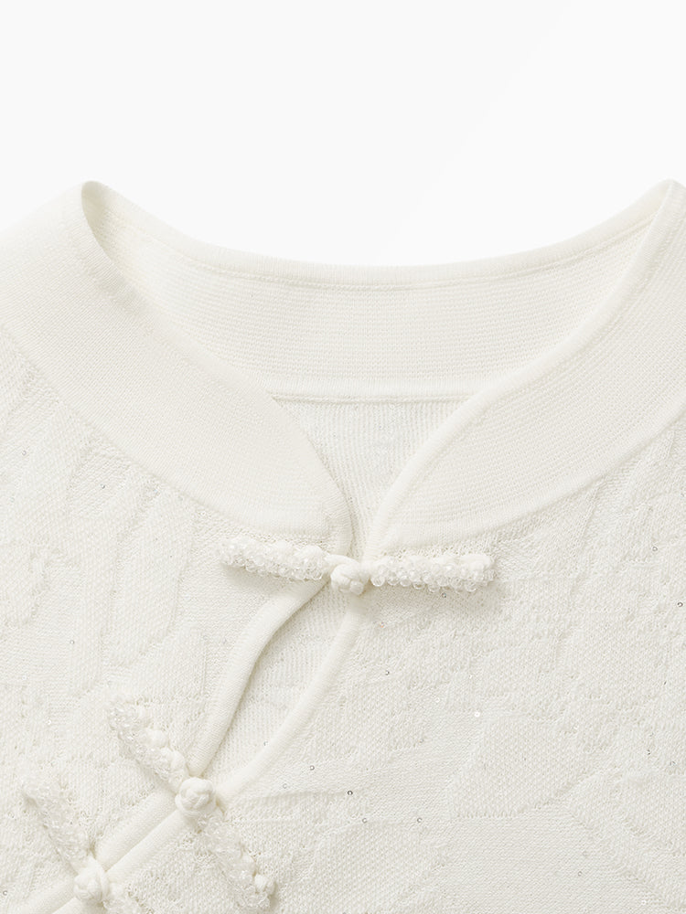 Iris Jacquard Sequins Mandarin Collared Women Knit Top GOELIA