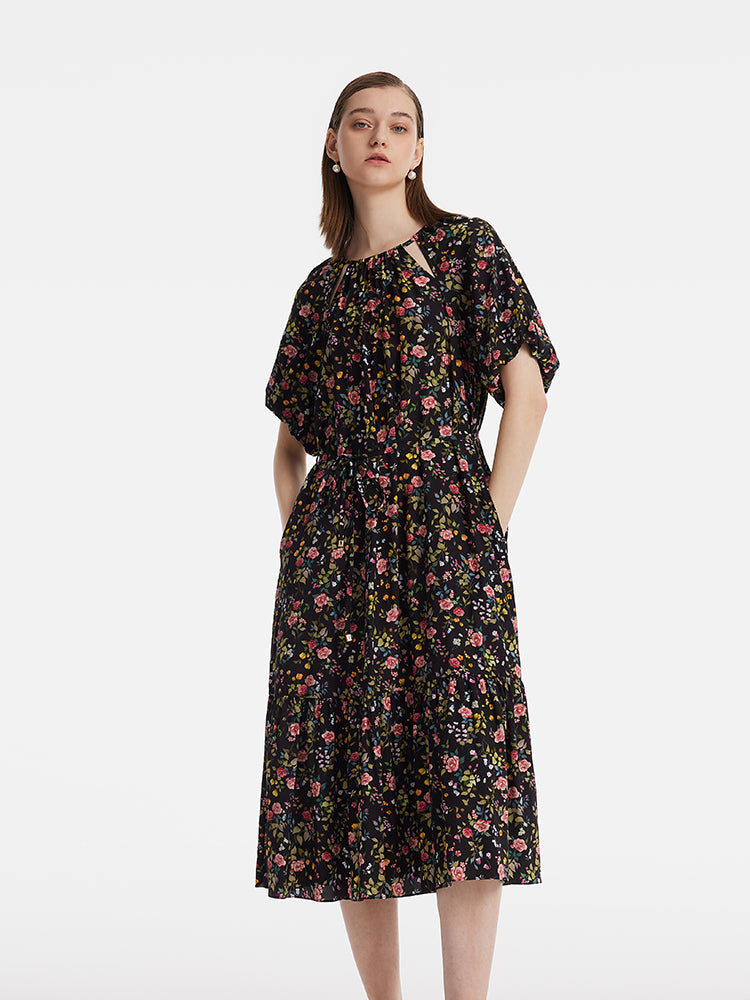 16 Momme Mulberry Silk Cut-Out Rose Printed Women Midi Dress GOELIA