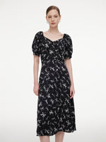 [Preview] Ribbon Print Puff Sleeve Women Midi Dress GOELIA