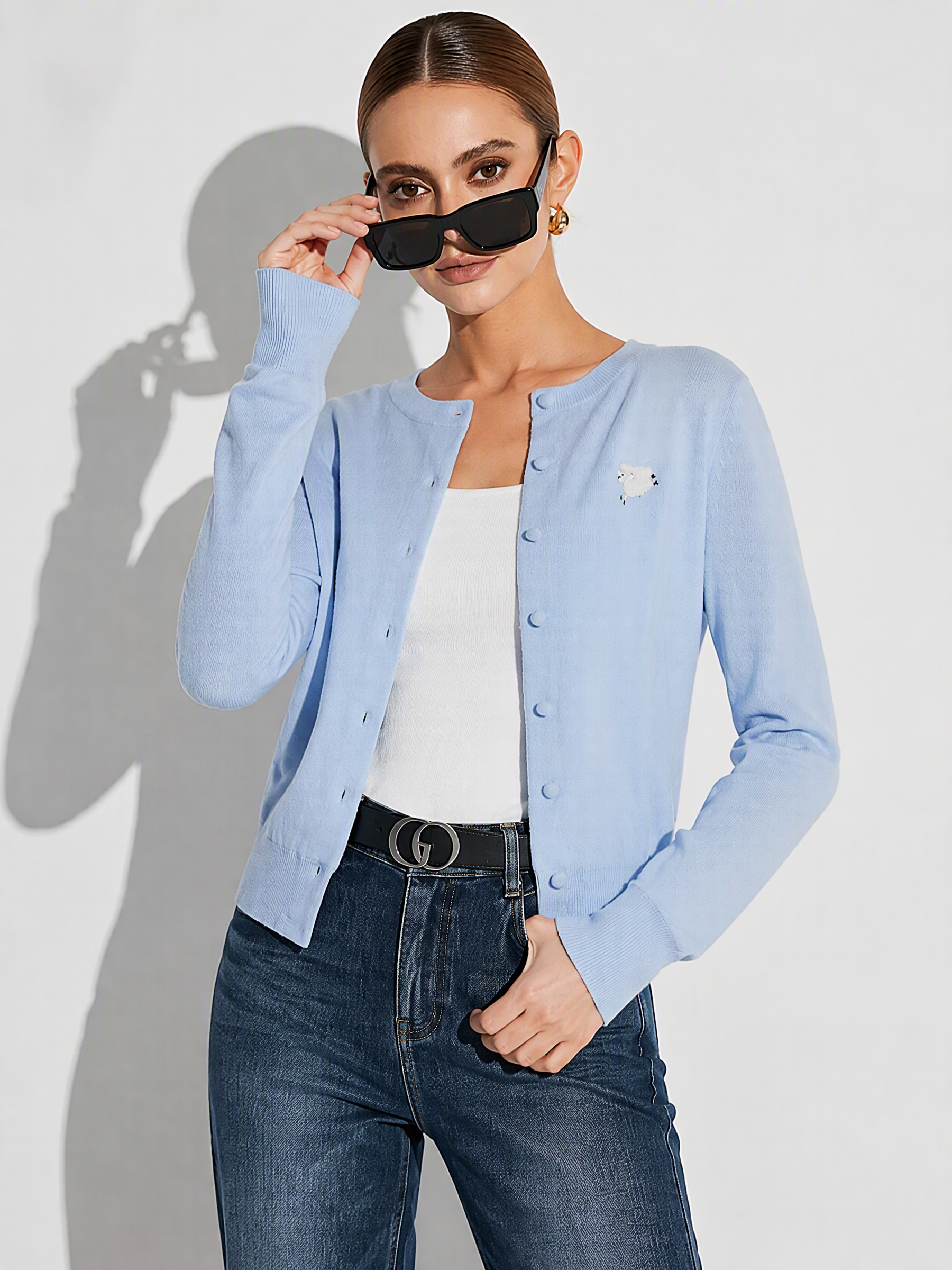 100% Wool Sheep Embroidered Women Cardigan GOELIA