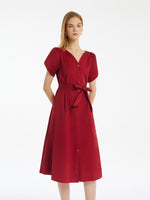 Petal Sleeves Gathered Waist V-Neck Women Midi Dress With Belt GOELIA