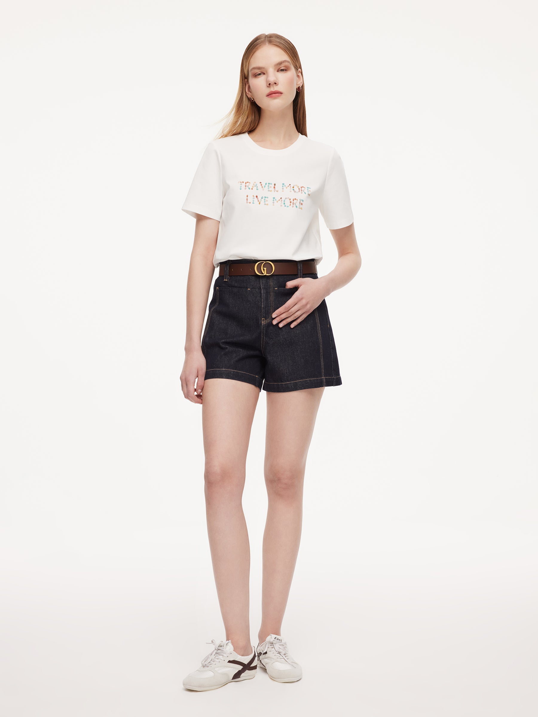 100% Cotton Beaded Letter Women T-Shirt GOELIA
