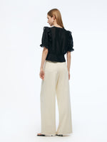 Tencel Blend Puff Sleeve Women Ruffe Patchwork Top GOELIA