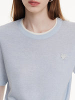 Linen Blend Contrast Round Neck Women Knit Top GOELIA