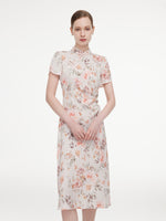 [Preview] 19MM Mulberry Silk Floral Print Women Qipao Midi Dress GOELIA