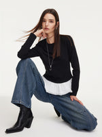 Ruffle Hem Long Sleeve Women Knit T-Shirt GOELIA
