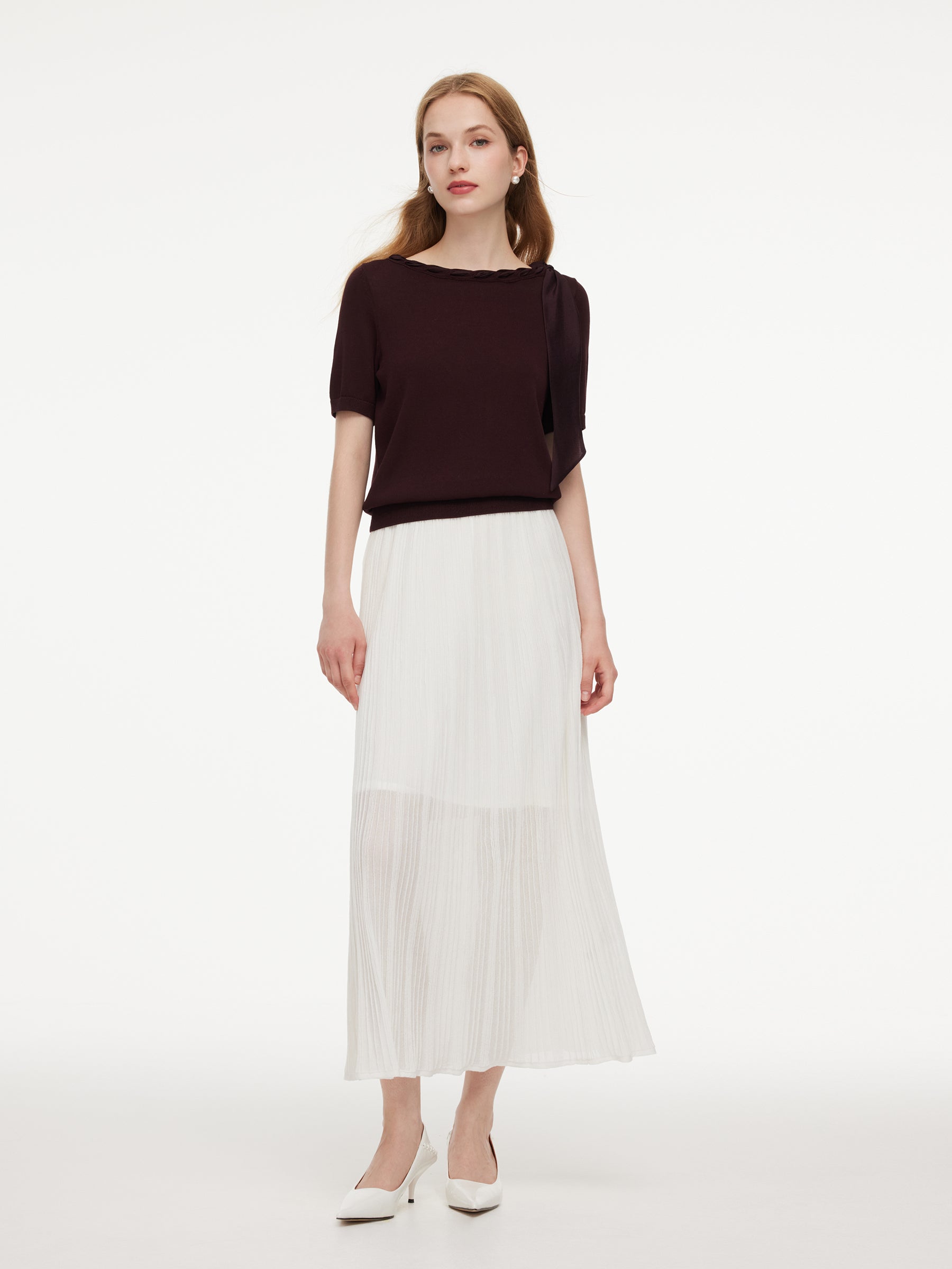 Lyocell Blend Ribbon Boat Neck Women Knit Top GOELIA