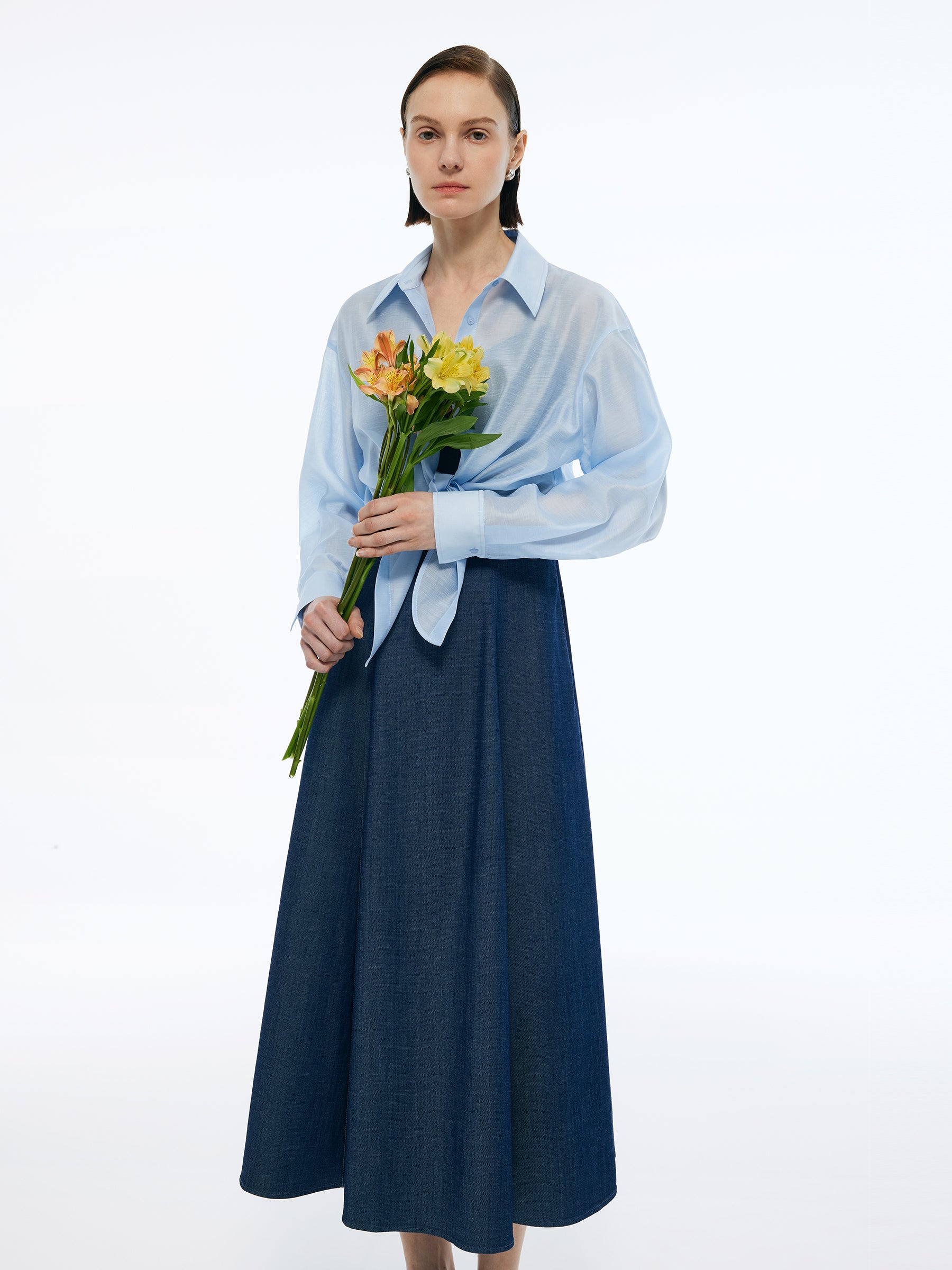 Lyocell Blend Crop Shirt And Denim Strap Maxi Dress Two-Piece Set GOELIA
