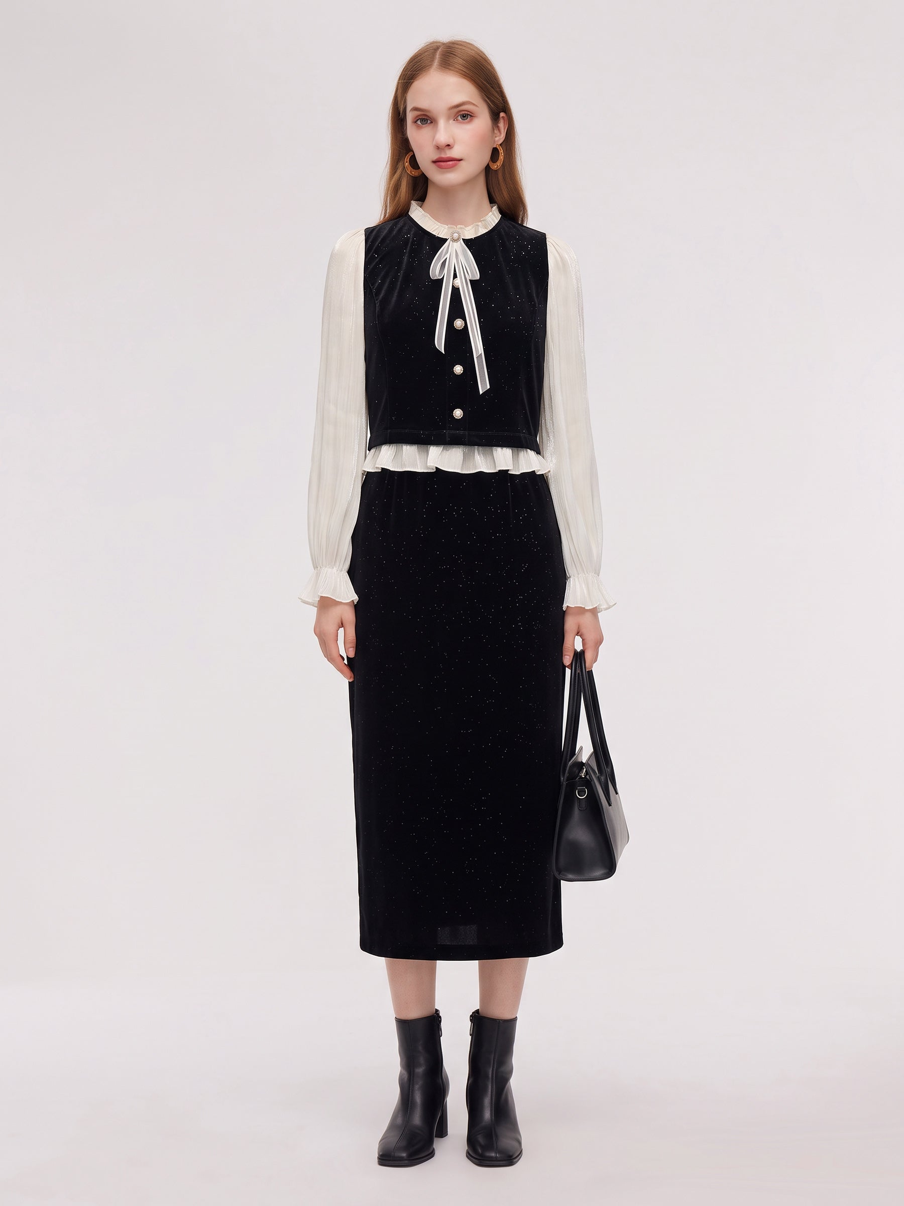 [Preview] Velvet Ruffle Top And Skirt Two-Piece Set With Detachable Bow GOELIA