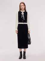 [Preview] Velvet Ruffle Top And Skirt Two-Piece Set With Detachable Bow GOELIA