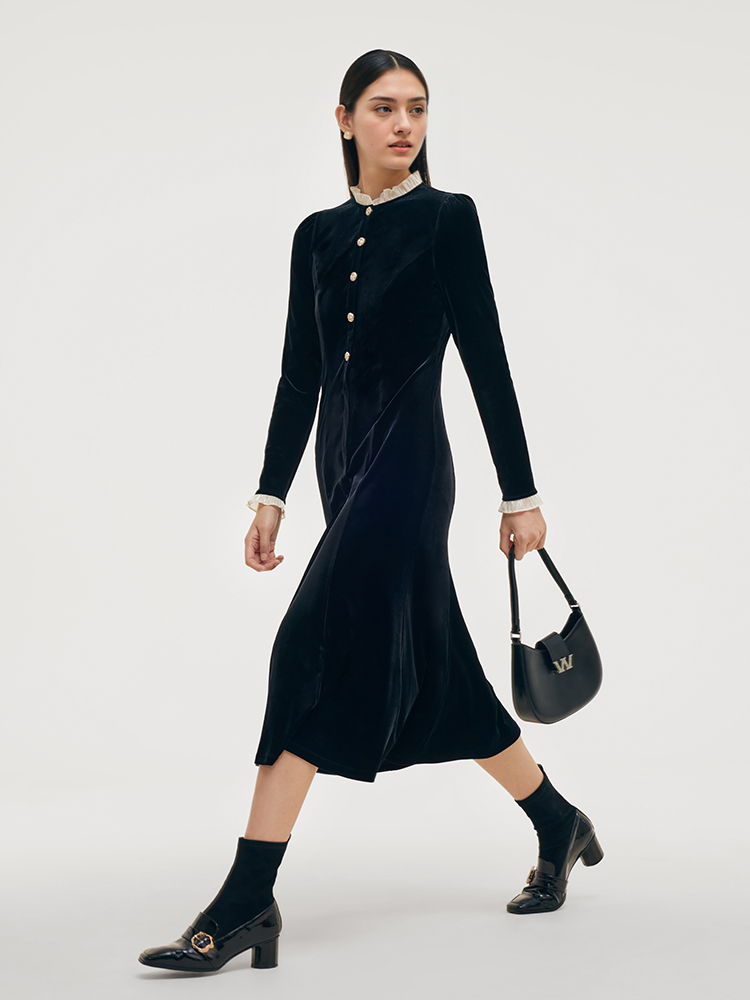 Velvet Ruffle Collar Women Maxi Dress GOELIA