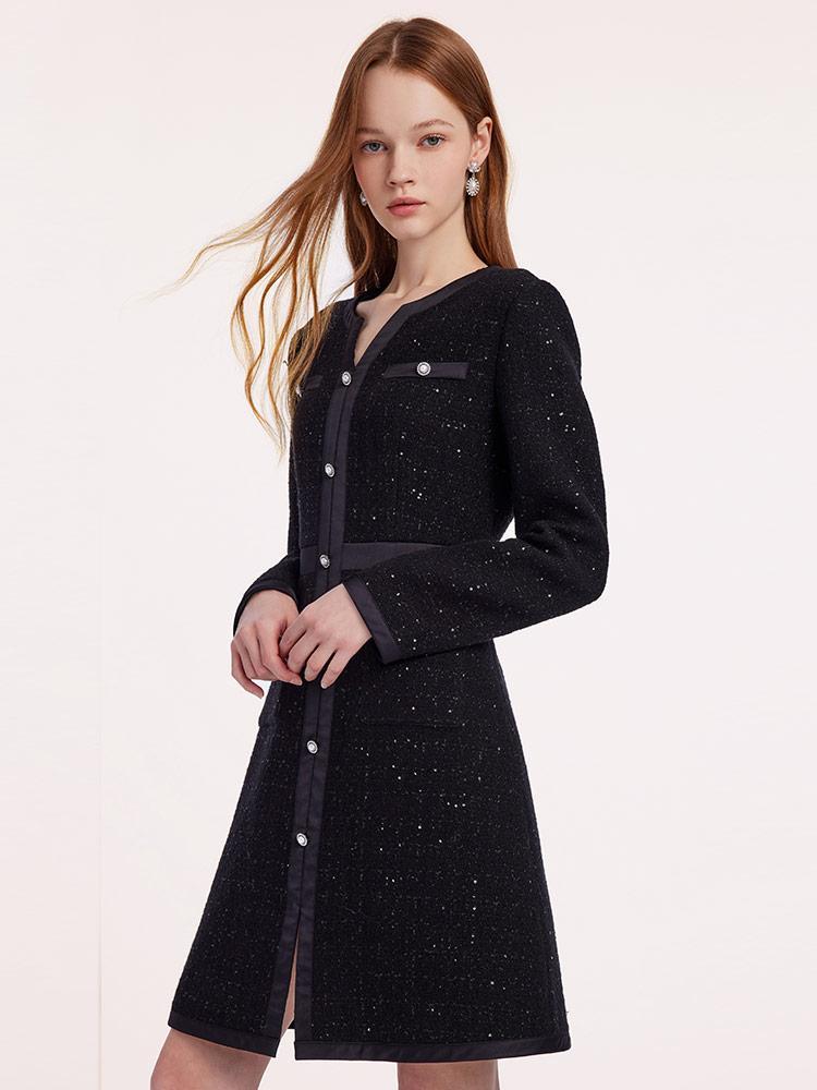 Black Sequins Notched Round Collar Wool Tweed Dress GOELIA
