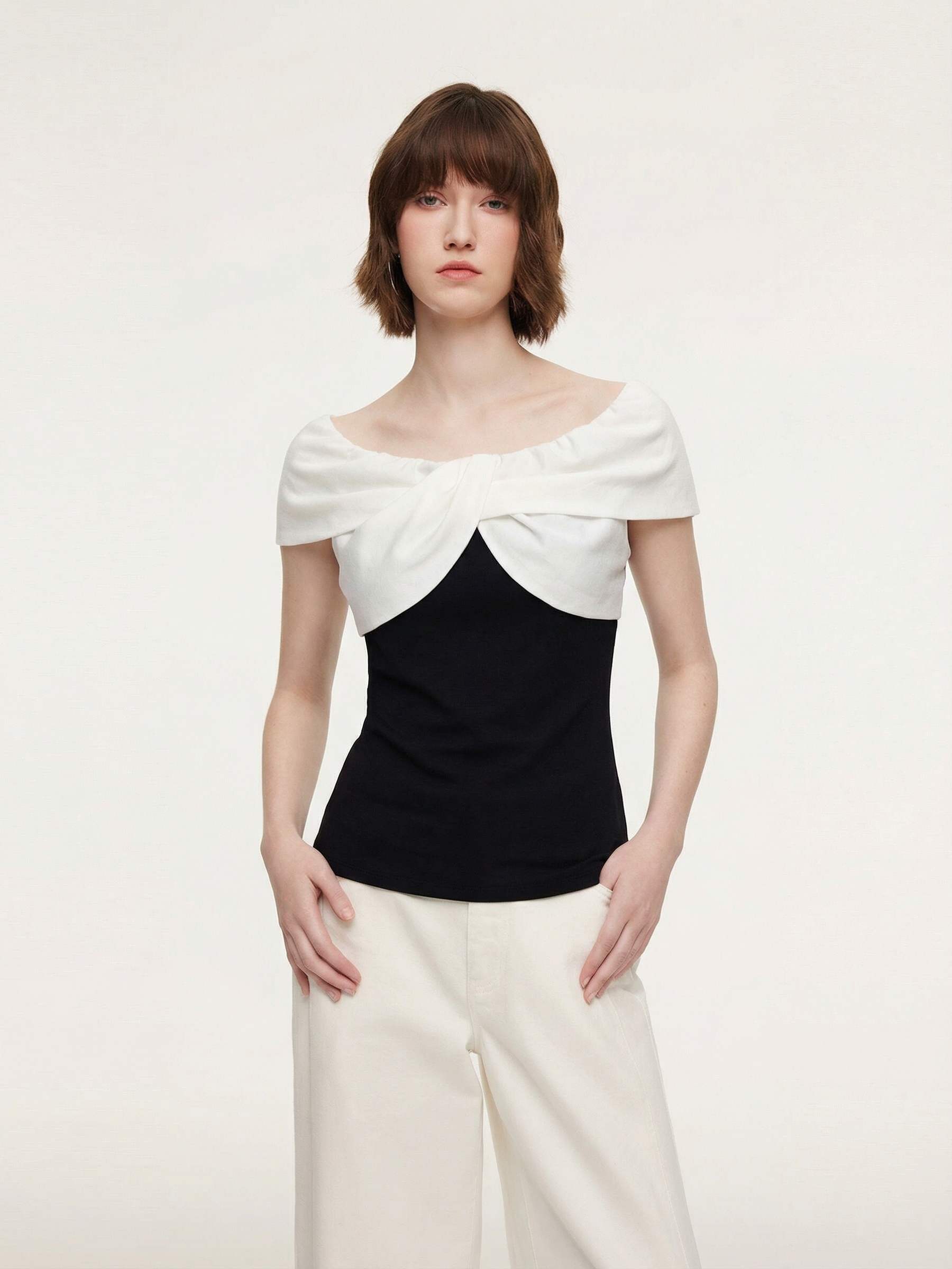 Tencel Blend Patchwork Bow Neck Women Knit Top GOELIA