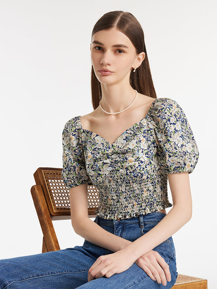 Floral Printed Square Neck Puff Sleeves Women Blouse GOELIA