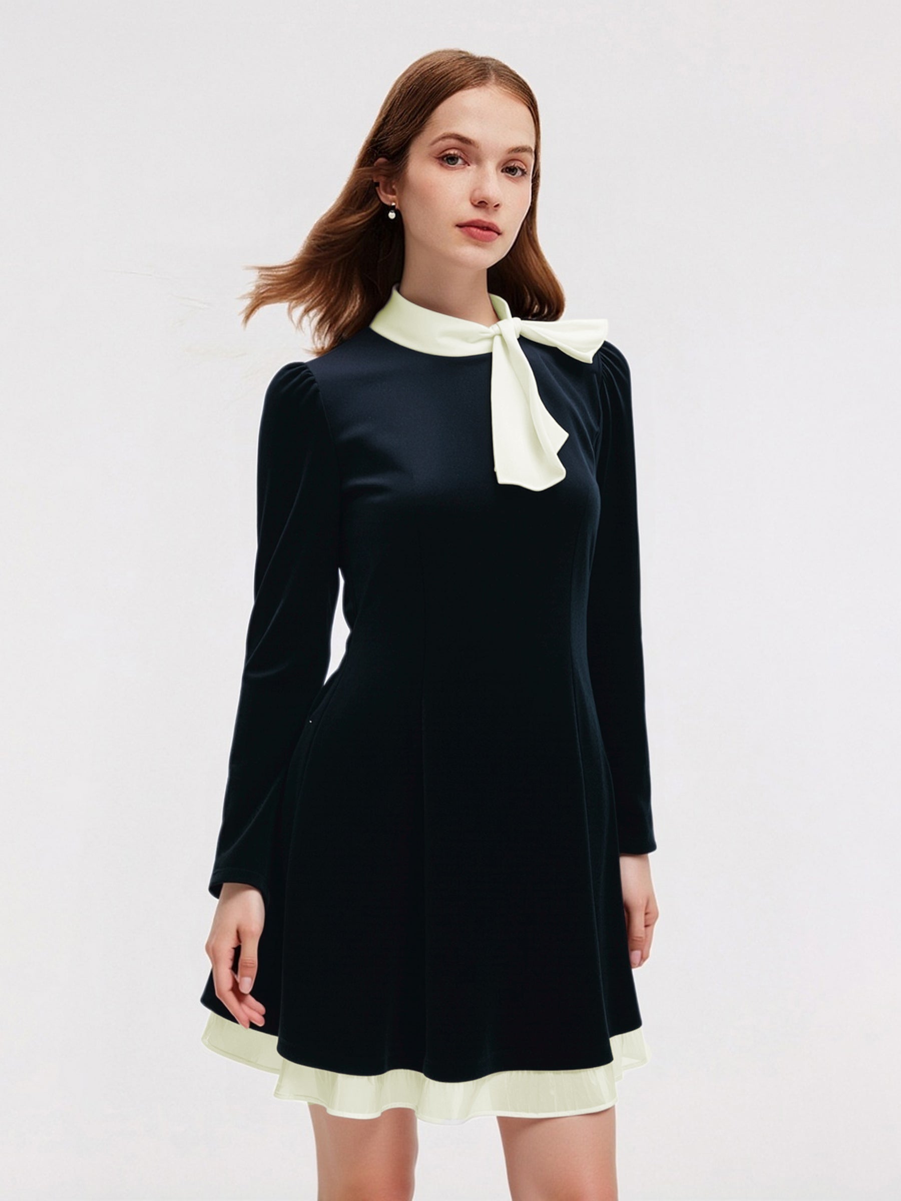 [Preview] Velvet Long Sleeve Women Mini Dress With Detachable Bowknot GOELIA