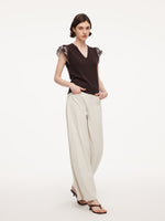 Lyocell Blend V-Neck Women Embroidered Sleeve Knit Top GOELIA