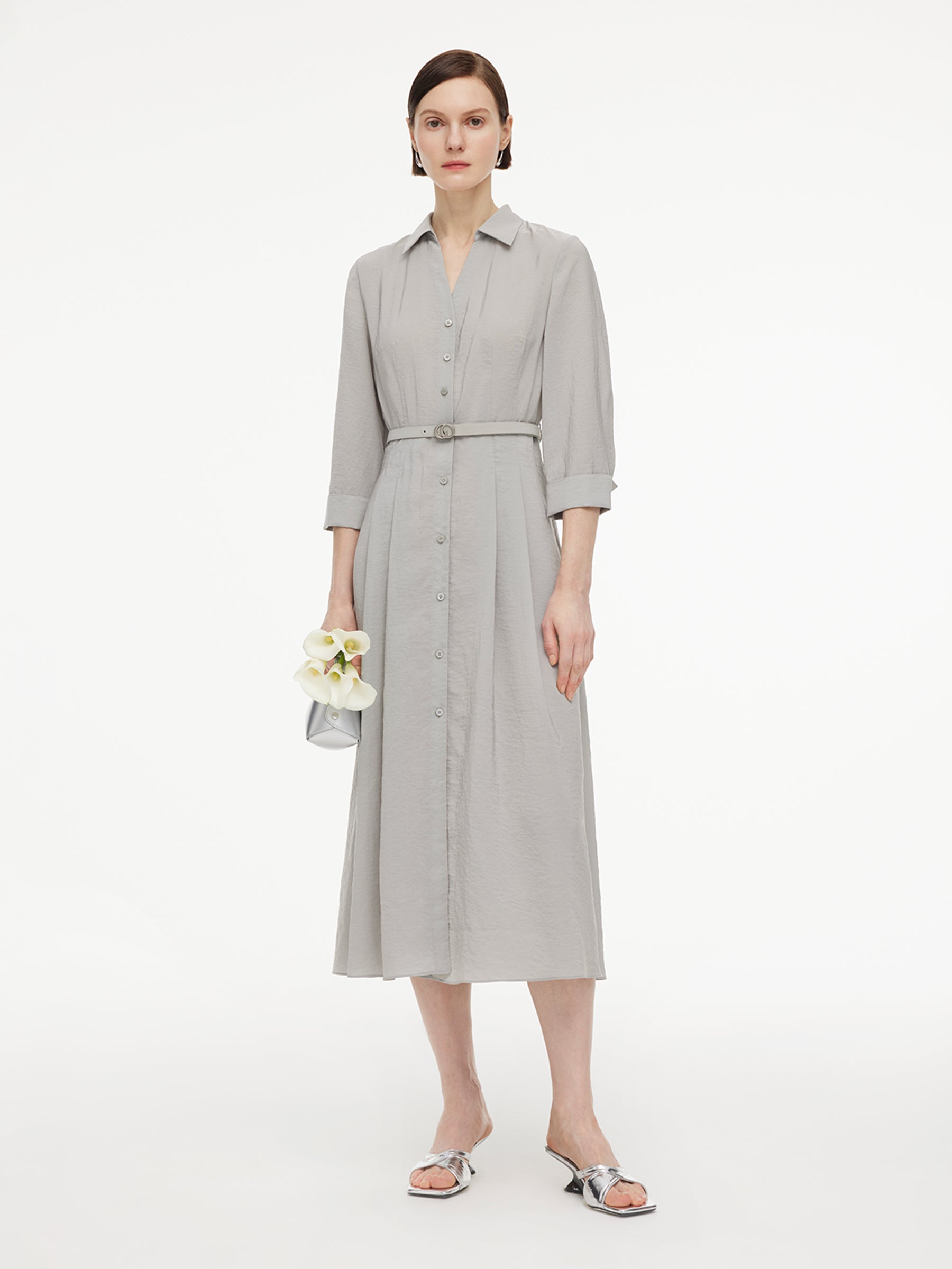 [Preview] Triacetate Blend Women Belted Maxi Shirt Dress GOELIA