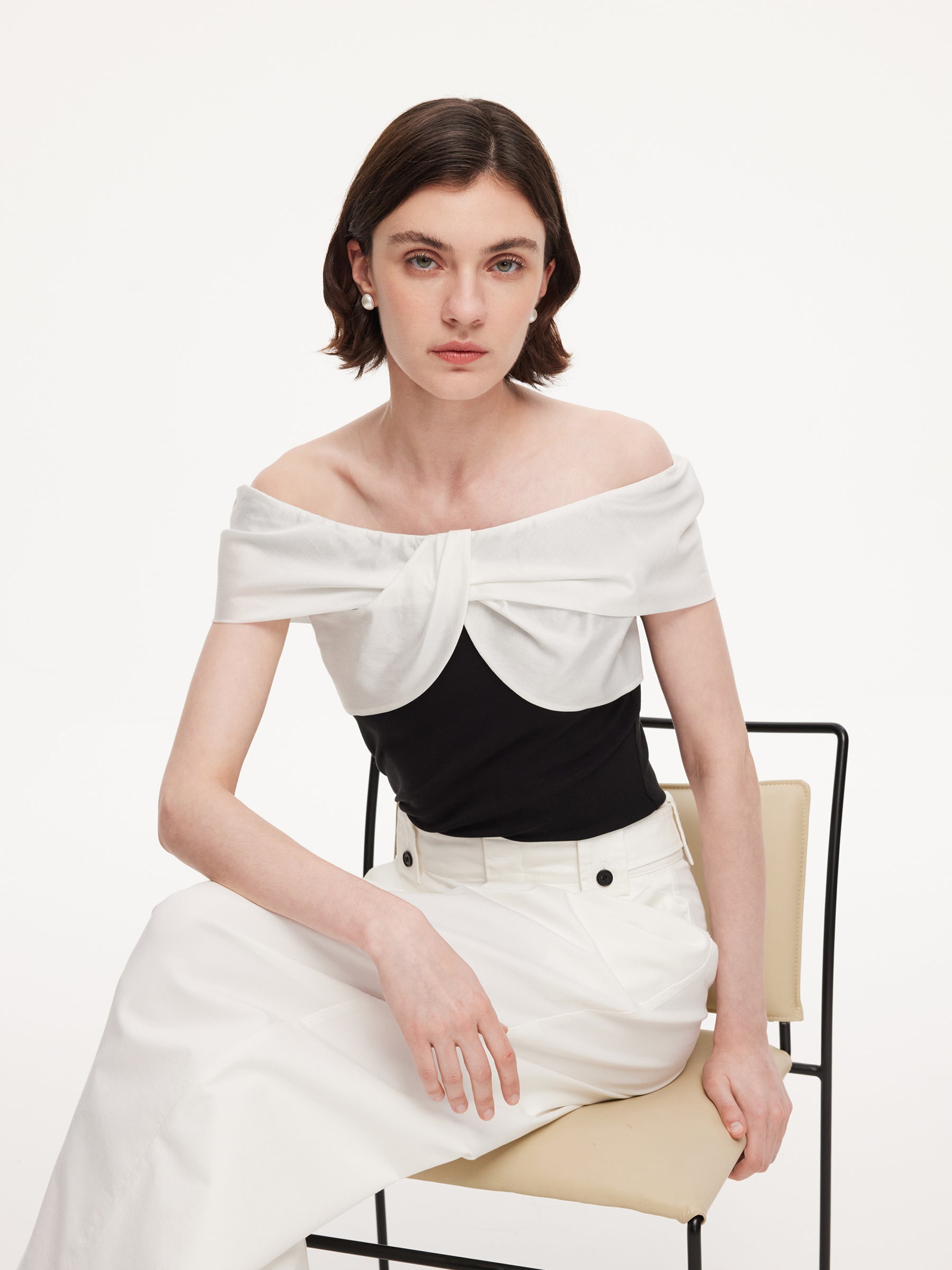 Tencel Blend Patchwork Bow Neck Women Knit Top GOELIA