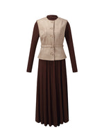 Faux Suede Vest And Knit Dress Two-Piece Set With Belt GOELIA