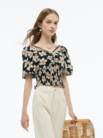 Cotton Stretch Floral Print Women Smocked Top GOELIA