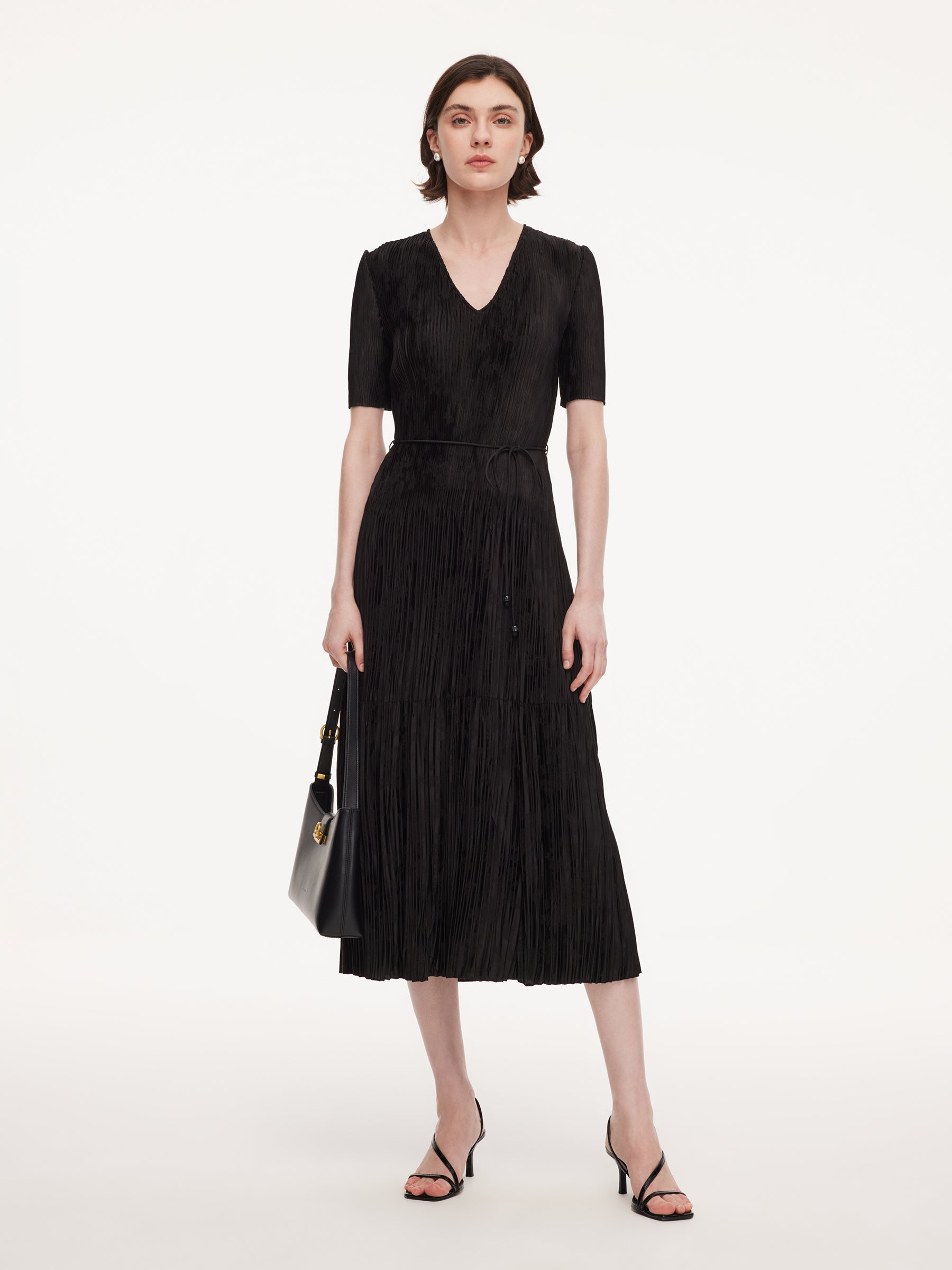 Satin Jacquard Women Pleated Maxi Dress With Self-Tie Belt GOELIA
