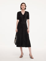 Satin Jacquard Women Pleated Maxi Dress With Self-Tie Belt GOELIA