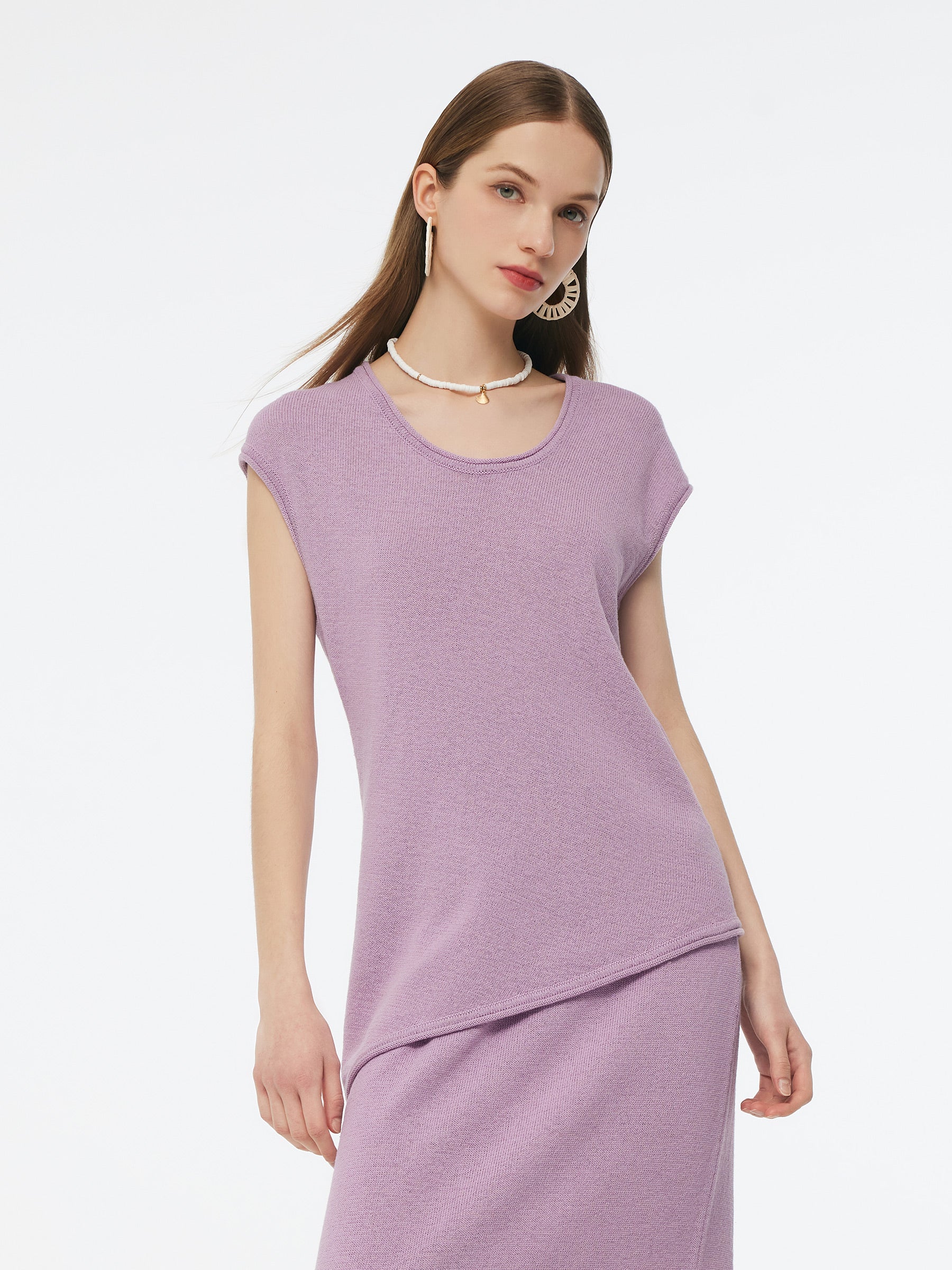 Linen Cotton Blend Asymmetric Hem Women Knit Top GOELIA