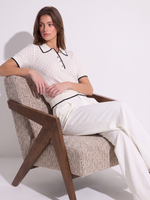 Lyocell Blend Contrast Trim Women Pointelle Polo Knit Top GOELIA