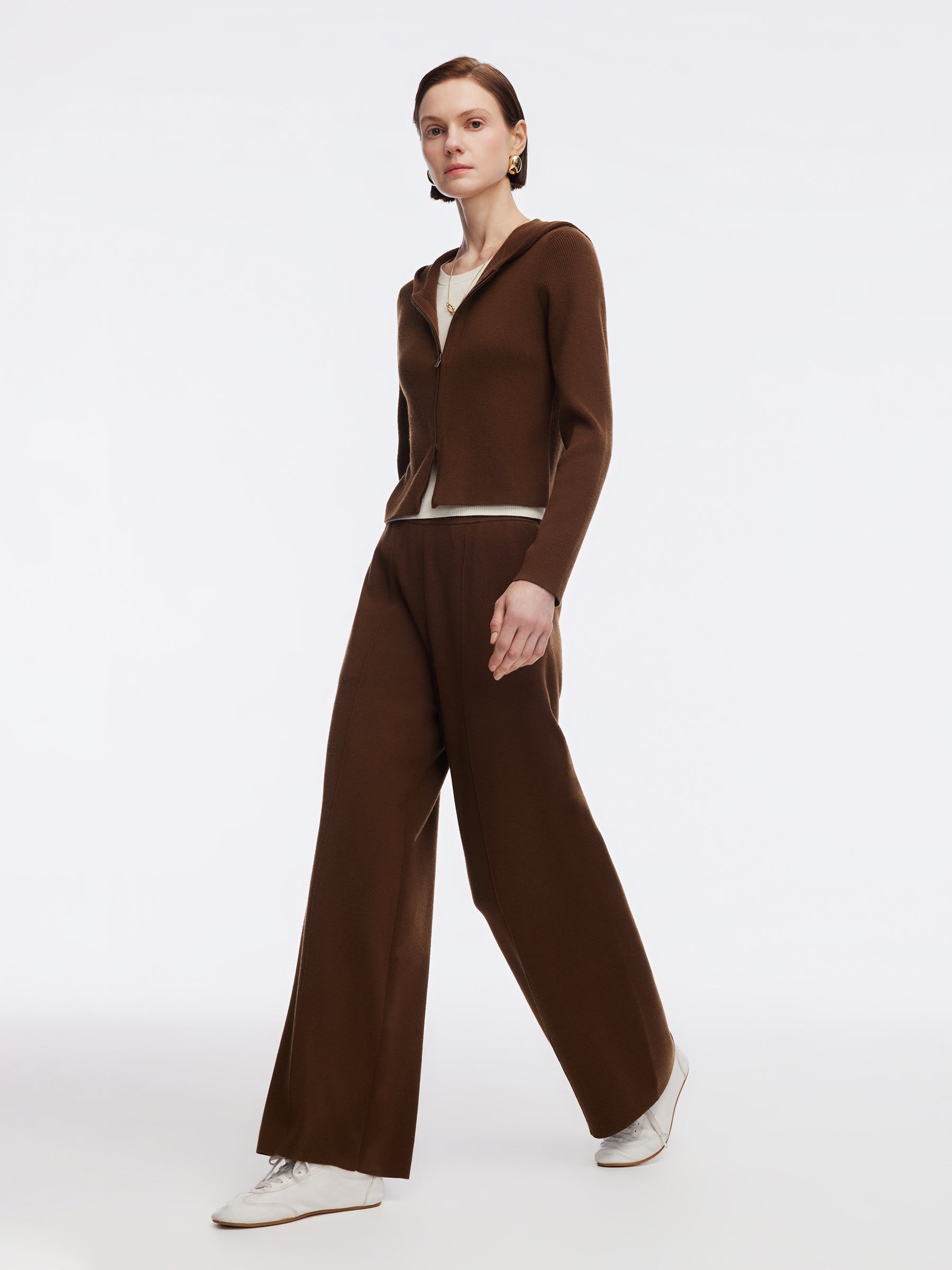 Tencel Wool Blend Faux Two-Piece Zip-Up Knit Top And Pants Two-Piece Set GOELIA