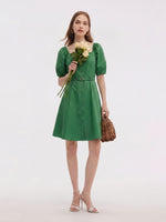 [Preview] Cotton Blend Square Neck Women Belted Midi Dress GOELIA