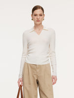 100% Wool V-Neck Ruched Women Polo Knit Top GOELIA